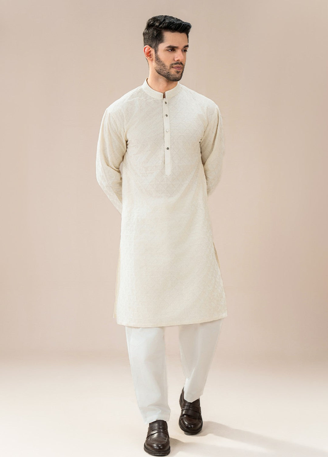 Divinely Crafted Mens RTW Chikankari Cotton 2 Piece Suit Off-White Casual Collection