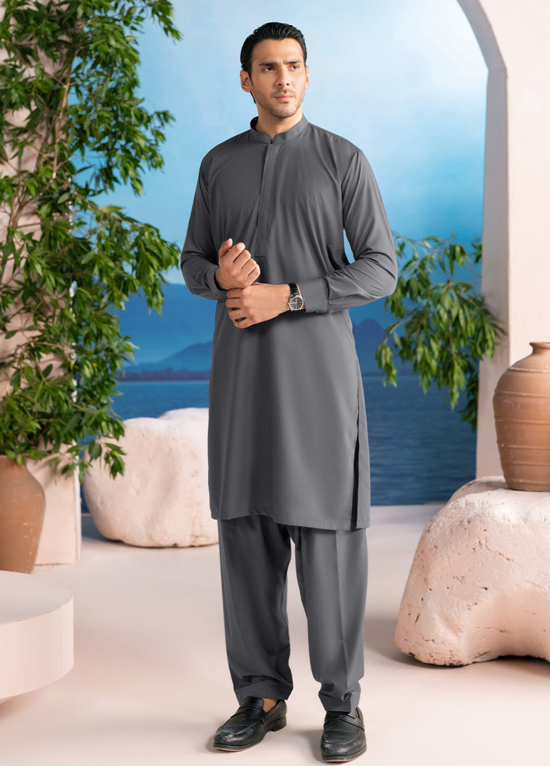 Divinely Crafted Mens RTW Solids Wash N wear 2 Piece Suit Slate Grey Casual Collection