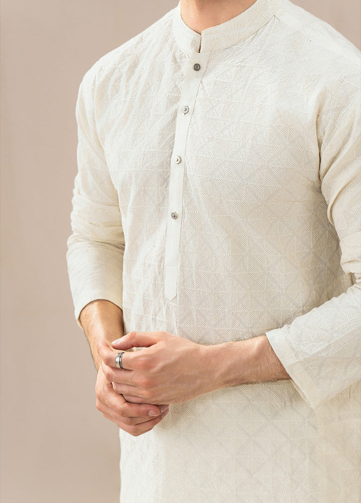 Divinely Crafted Mens RTW Chikankari Cotton 2 Piece Suit Off-White Casual Collection