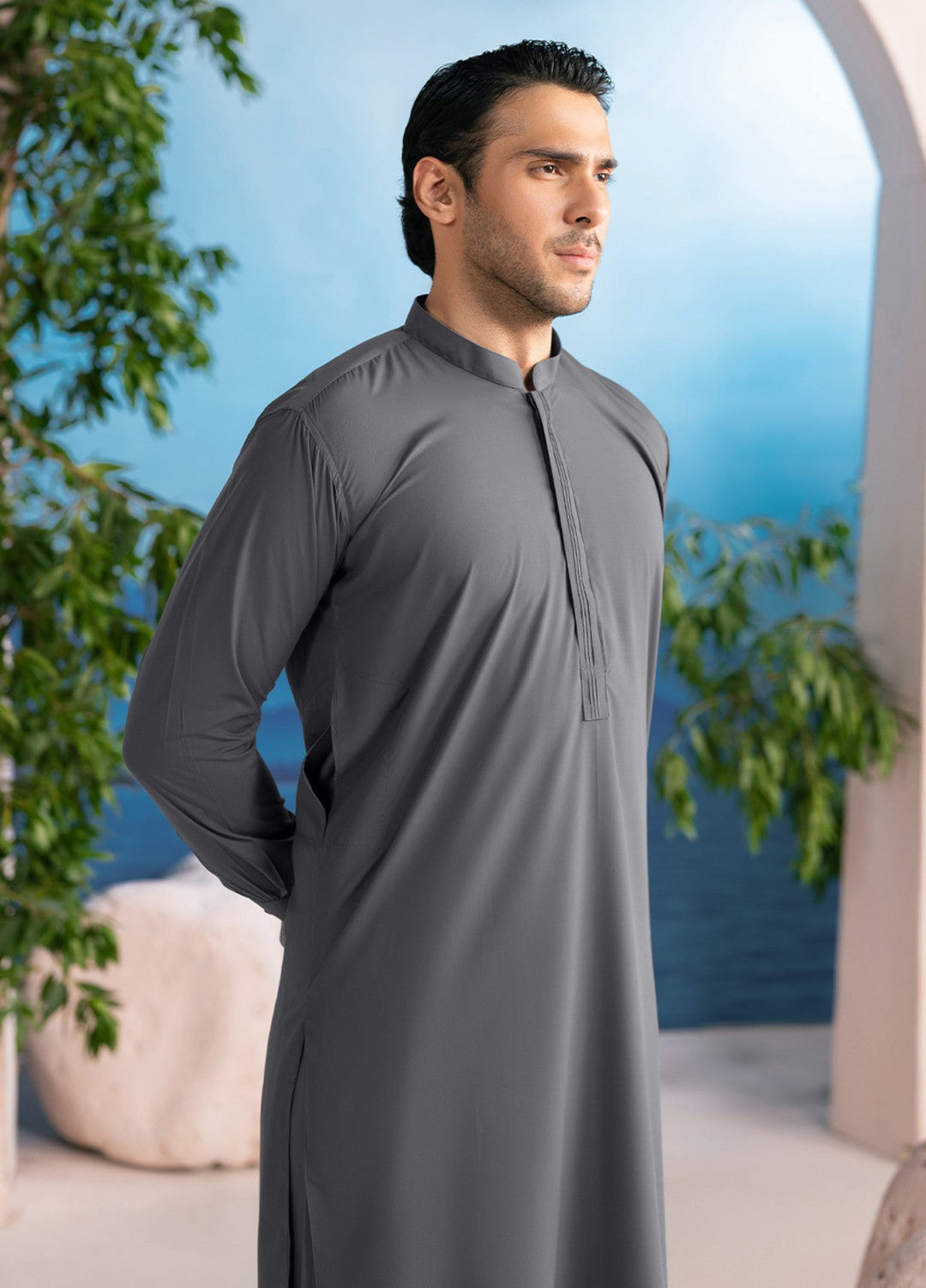 Divinely Crafted Mens RTW Solids Wash N wear 2 Piece Suit Slate Grey Casual Collection