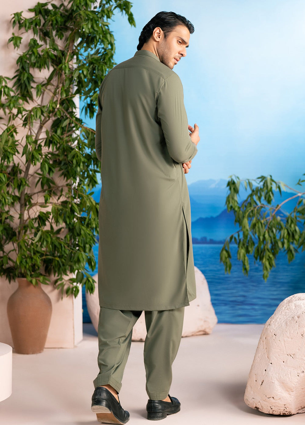 Divinely Crafted Mens RTW Solids Wash N wear 2 Piece Suit Olive Green Casual Collection