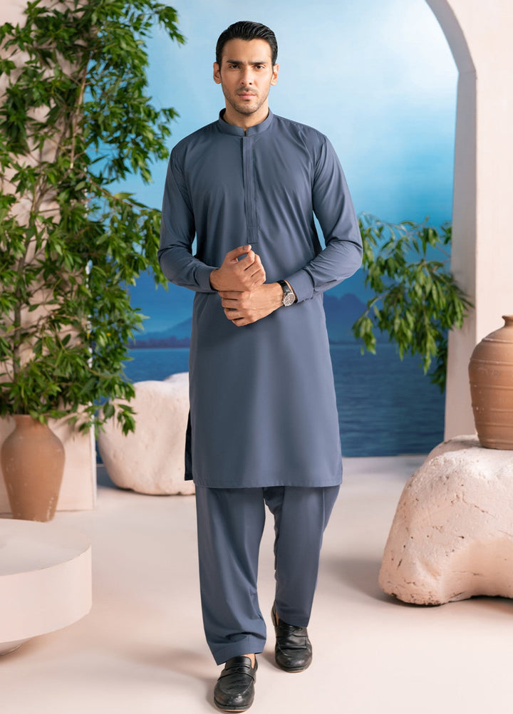 Divinely Crafted Mens RTW Solids Wash N wear 2 Piece Suit Steel Blue Casual Collection
