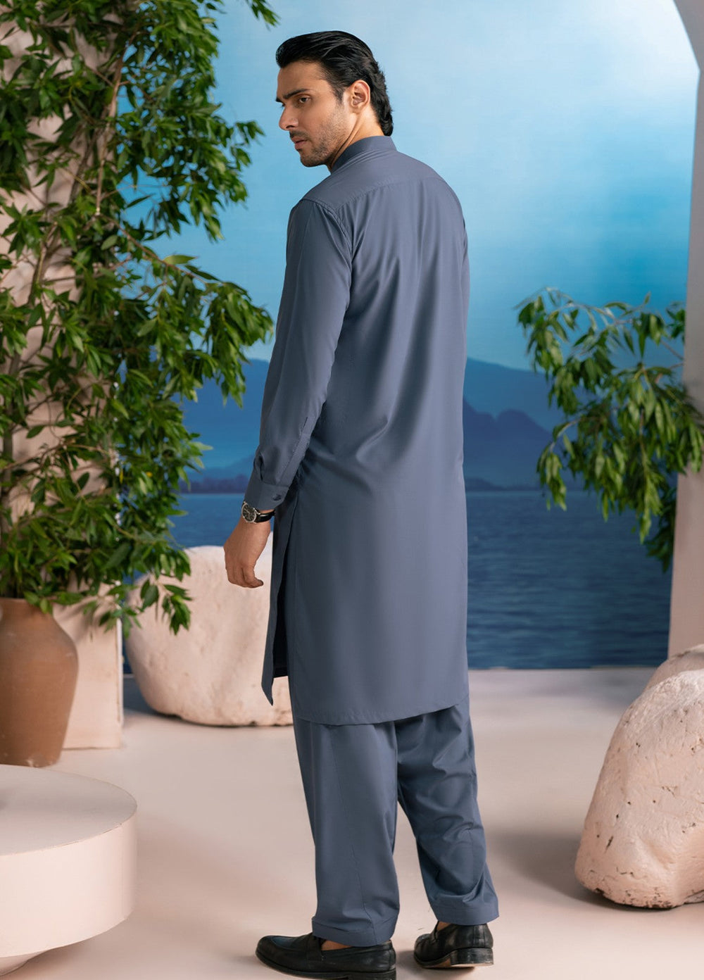Divinely Crafted Mens RTW Solids Wash N wear 2 Piece Suit Steel Blue Casual Collection