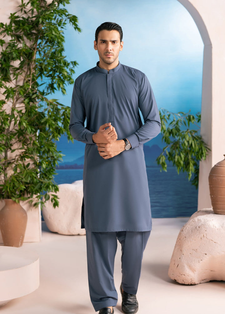 Divinely Crafted Mens RTW Solids Wash N wear 2 Piece Suit Steel Blue Casual Collection