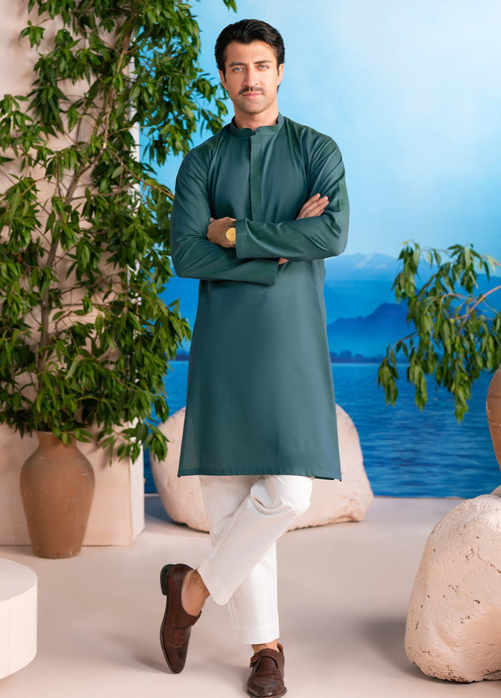 Divinely Crafted Mens RTW Cotton 2 Piece Suit Deep Pine Green Casual Collection