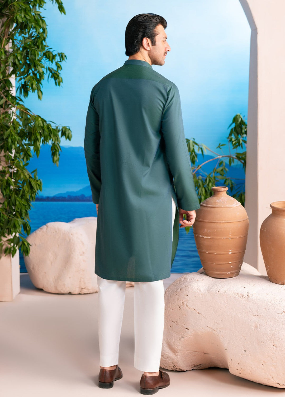 Divinely Crafted Mens RTW Cotton 2 Piece Suit Deep Pine Green Casual Collection