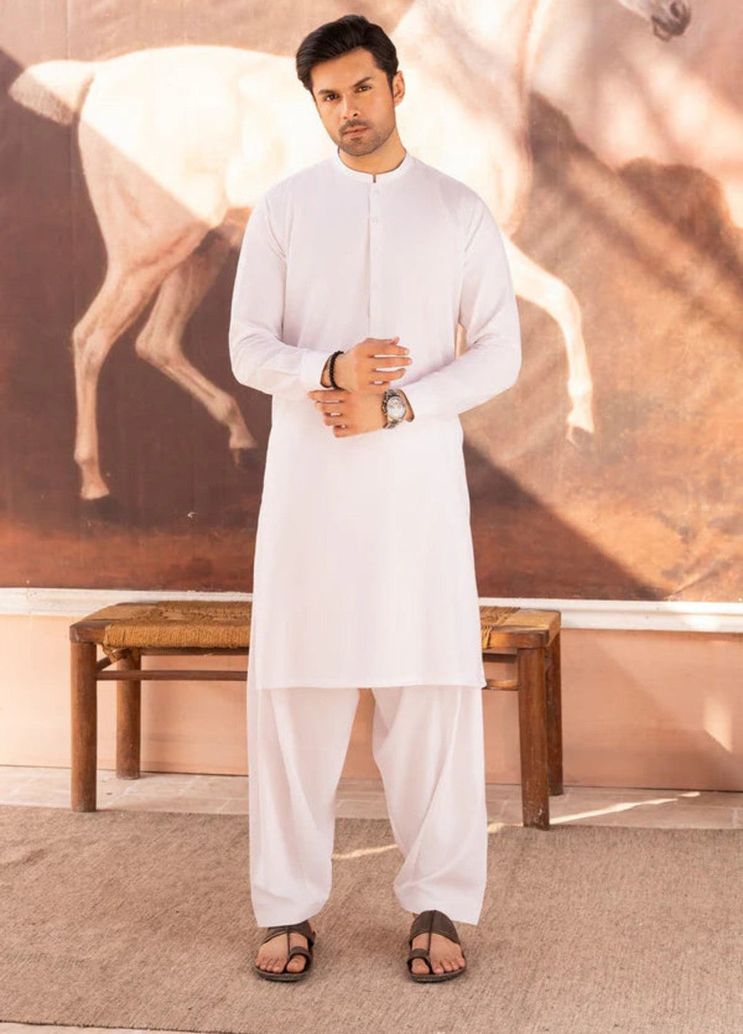 Alif by Buraq Mens RTW Solids Wash N Wear 2 Piece Suit White ban Casual Collection