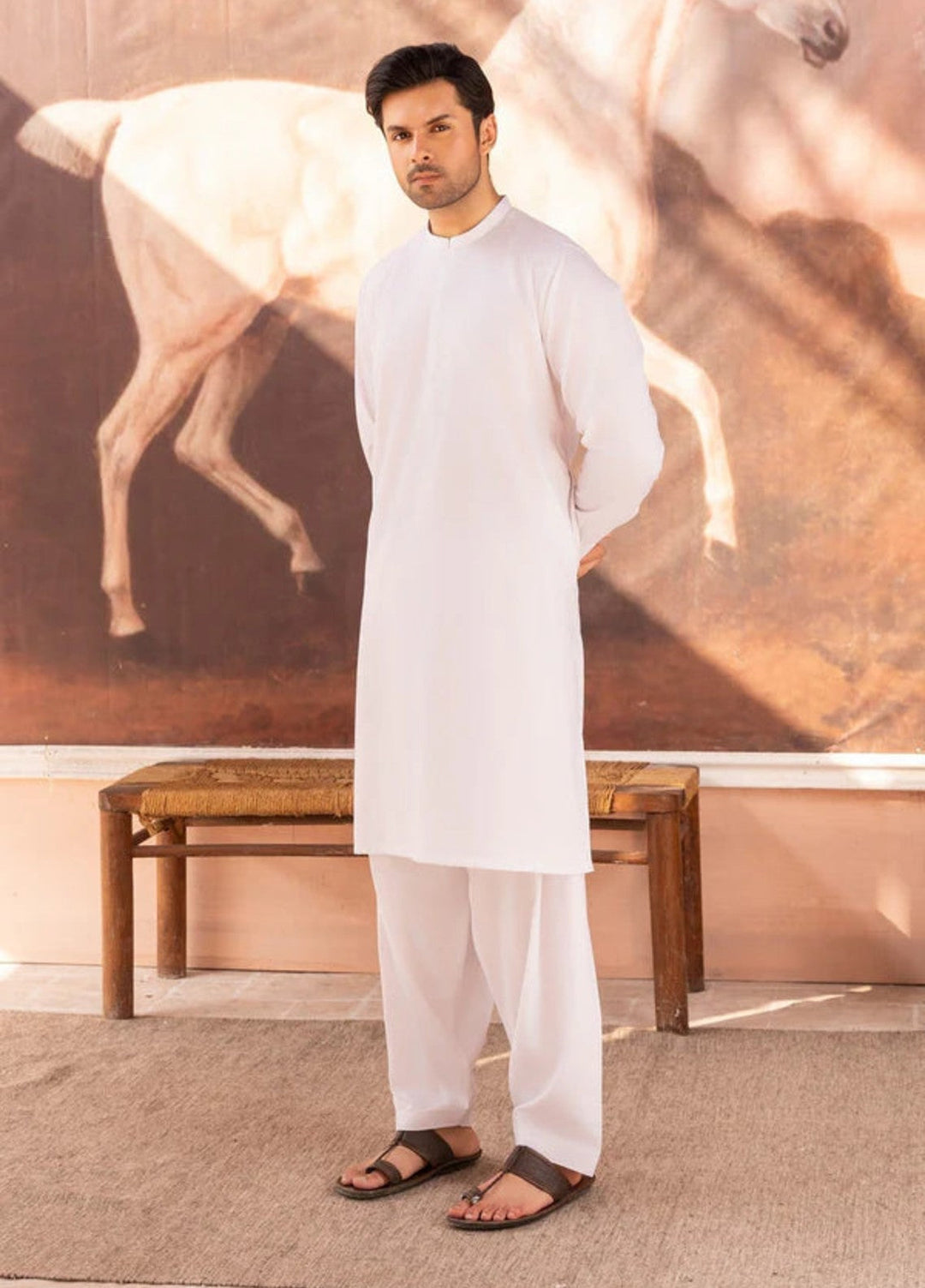 Alif by Buraq Mens RTW Solids Wash N Wear 2 Piece Suit White ban Casual Collection
