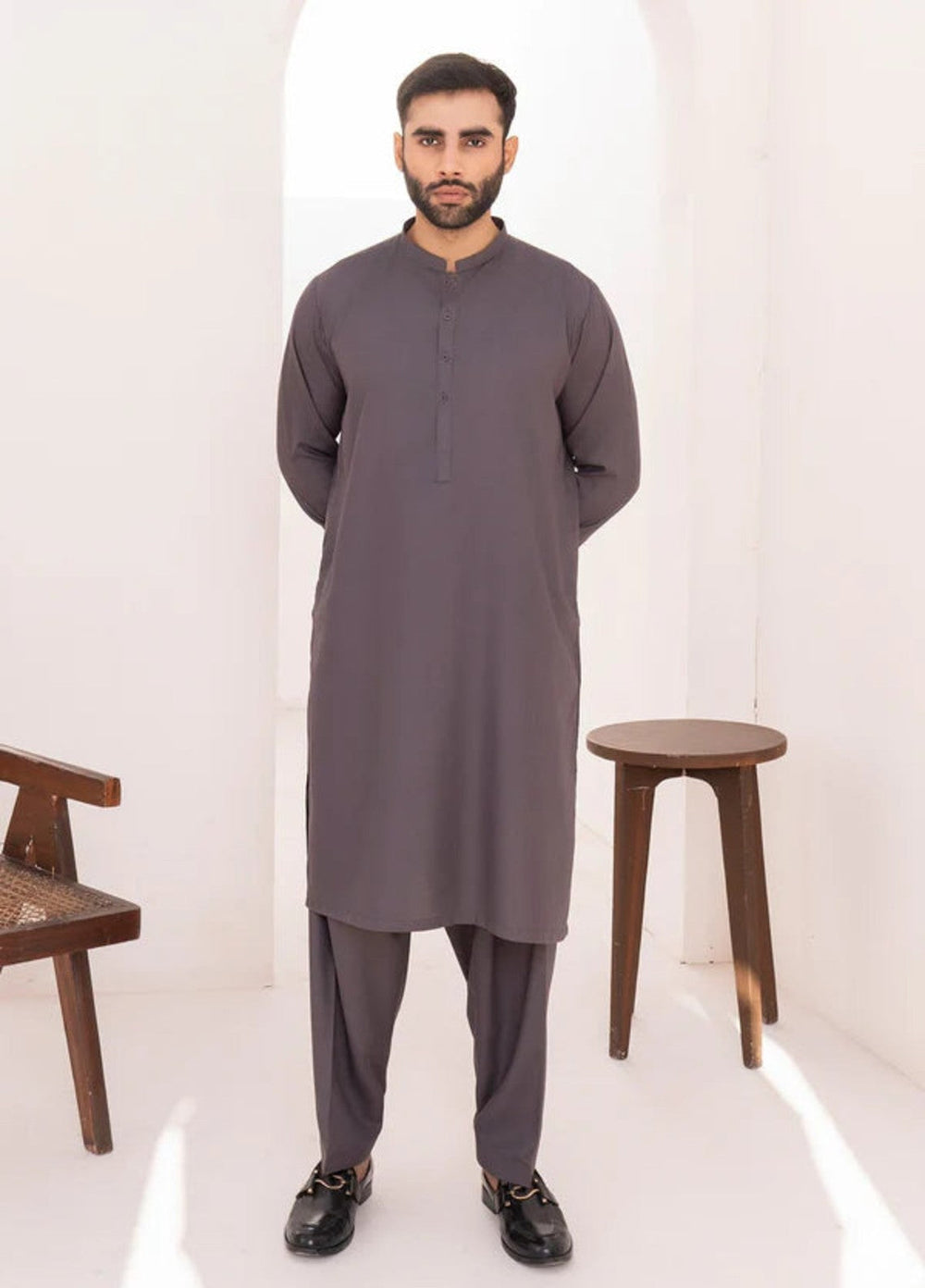 Alif by Buraq Mens RTW Solids Wash N Wear 2 Piece Suit Grey Ban Casual Collection