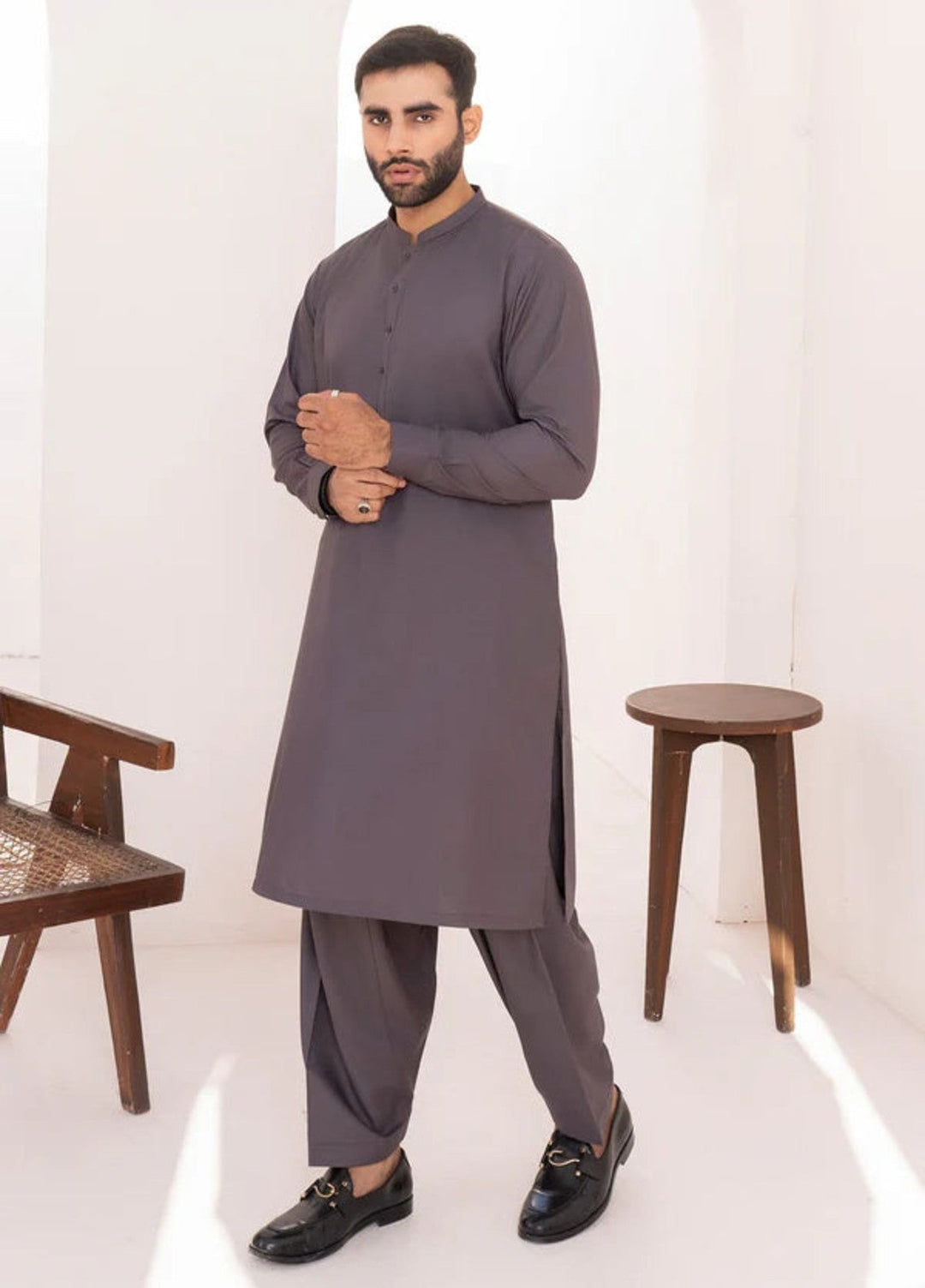 Alif by Buraq Mens RTW Solids Wash N Wear 2 Piece Suit Grey Ban Casual Collection