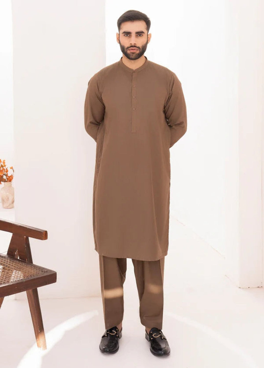 Alif by Buraq Mens RTW Solids Wash N Wear 2 Piece Suit Bisciotti Brown Casual Collection