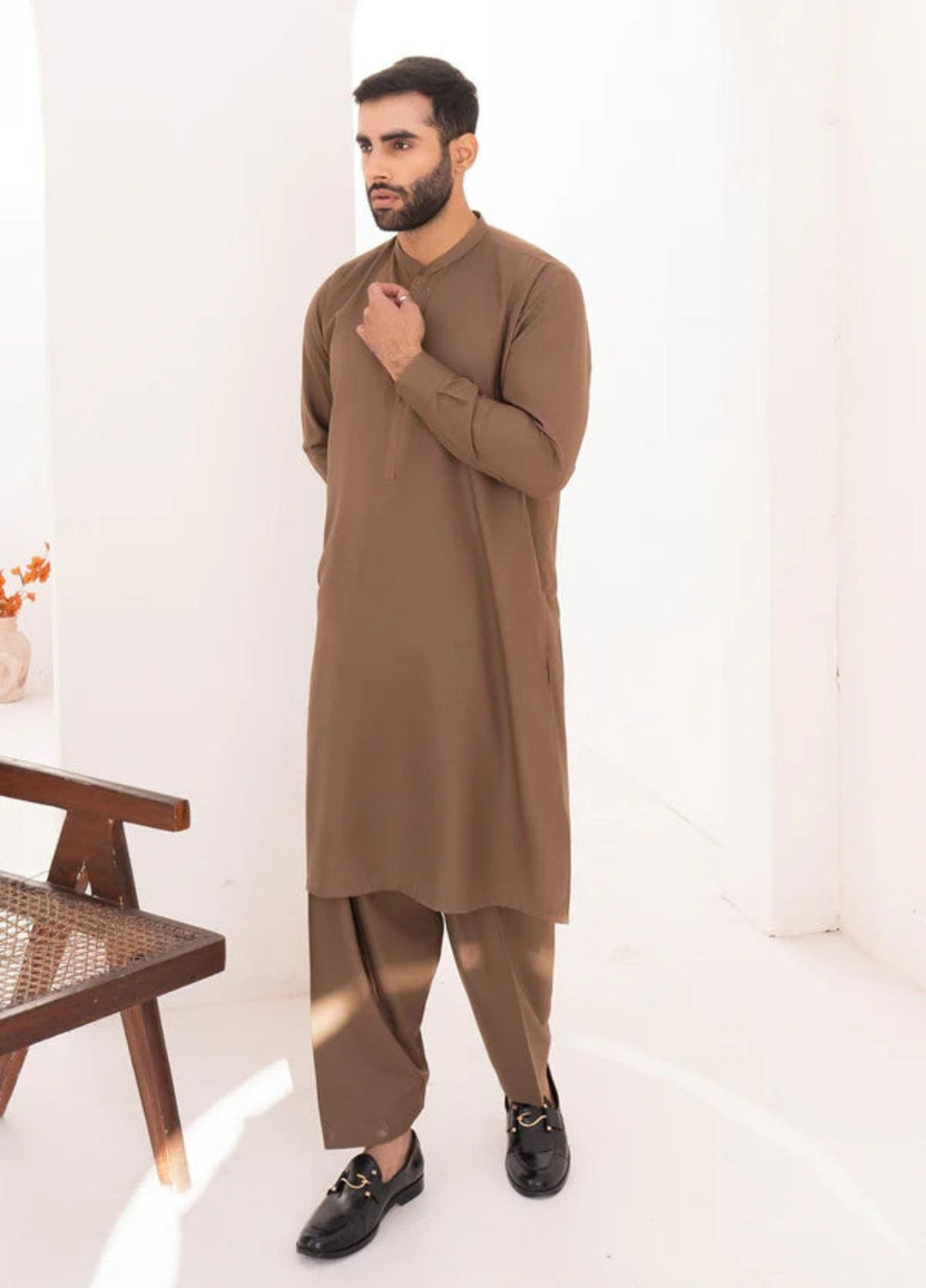 Alif by Buraq Mens RTW Solids Wash N Wear 2 Piece Suit Bisciotti Brown Casual Collection