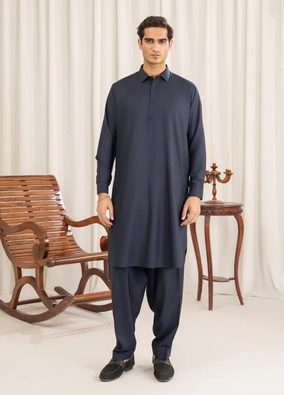Alif by Buraq Mens RTW Solids Wash N Wear 2 Piece Suit Blue Collar Casual Collection