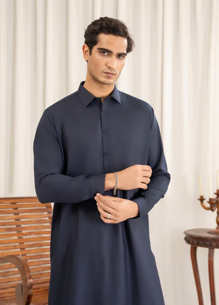 Alif by Buraq Mens RTW Solids Wash N Wear 2 Piece Suit Blue Collar Casual Collection