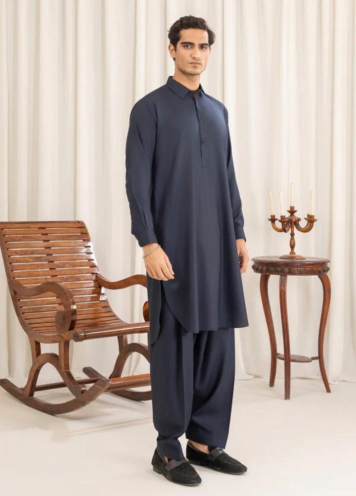Alif by Buraq Mens RTW Solids Wash N Wear 2 Piece Suit Blue Collar Casual Collection