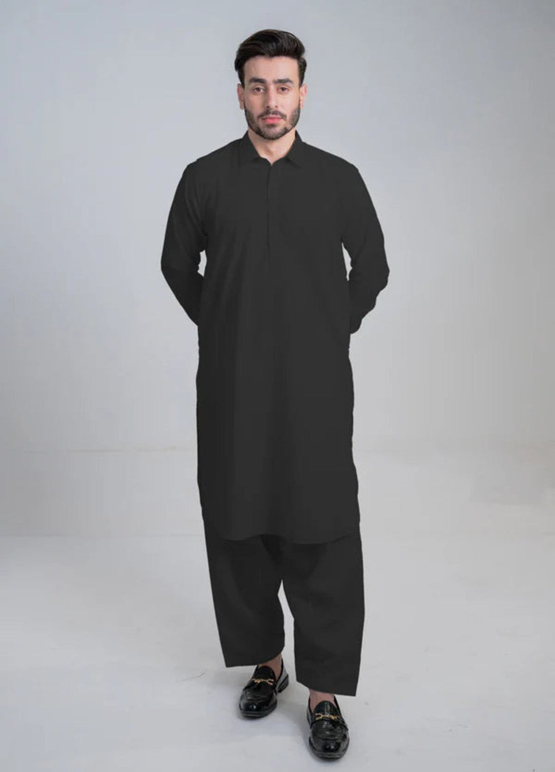 Alif by Buraq Mens RTW Solids Wash N Wear 2 Piece Suit Black Collar Casual Collection