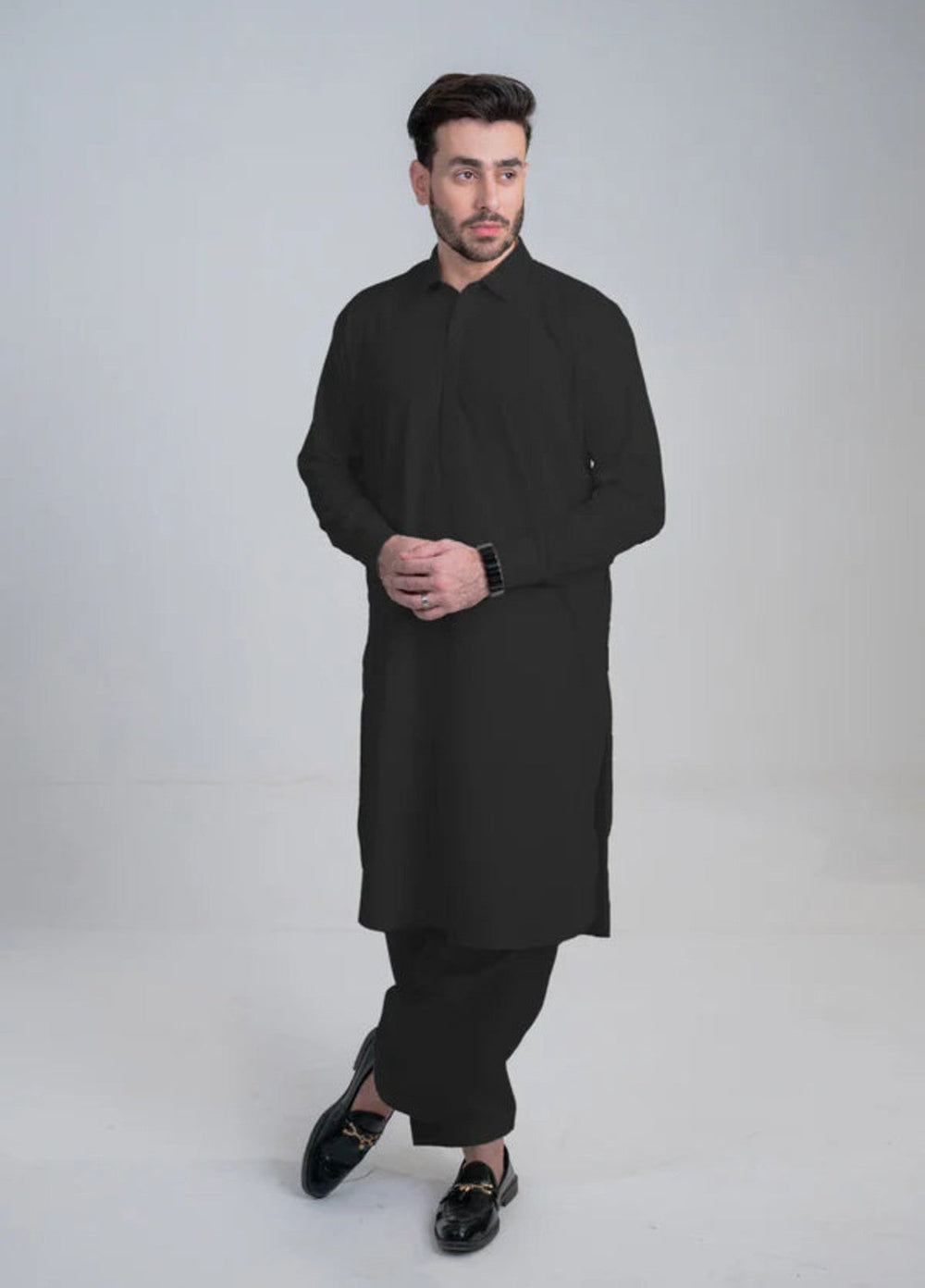 Alif by Buraq Mens RTW Solids Wash N Wear 2 Piece Suit Black Collar Casual Collection