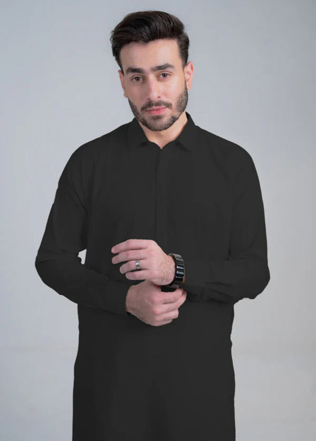 Alif by Buraq Mens RTW Solids Wash N Wear 2 Piece Suit Black Collar Casual Collection