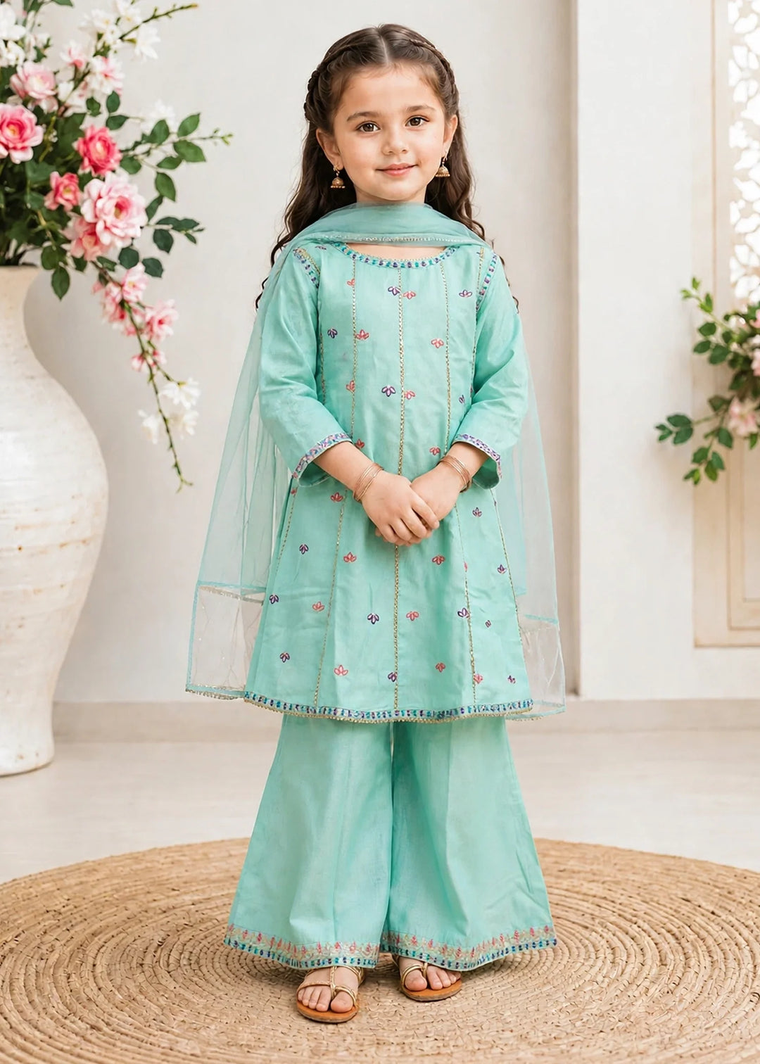 Modest Girls RTW Embroidered Lawn 3 Piece Suit Blue Gharara 11290-BLU Festive Collection