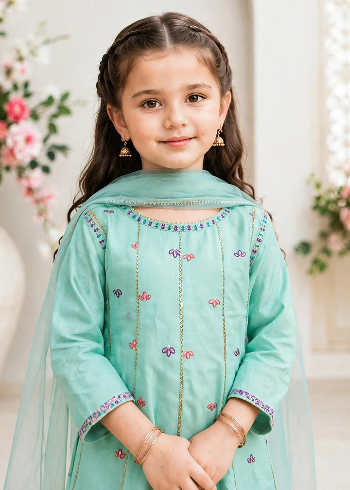 Modest Girls RTW Embroidered Lawn 3 Piece Suit Blue Gharara 11290-BLU Festive Collection