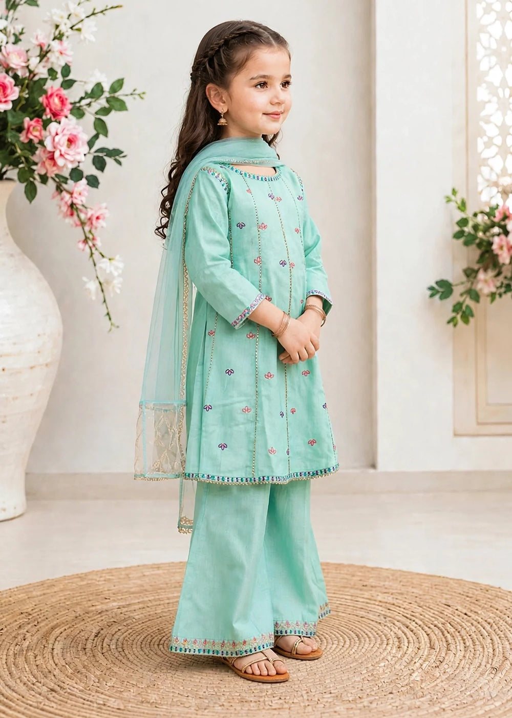 Modest Girls RTW Embroidered Lawn 3 Piece Suit Blue Gharara 11290-BLU Festive Collection