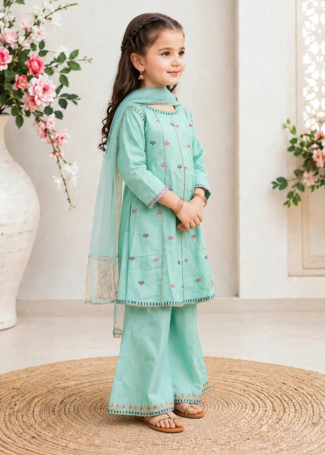 Modest Girls RTW Embroidered Lawn 3 Piece Suit Blue Gharara 11290-BLU Festive Collection