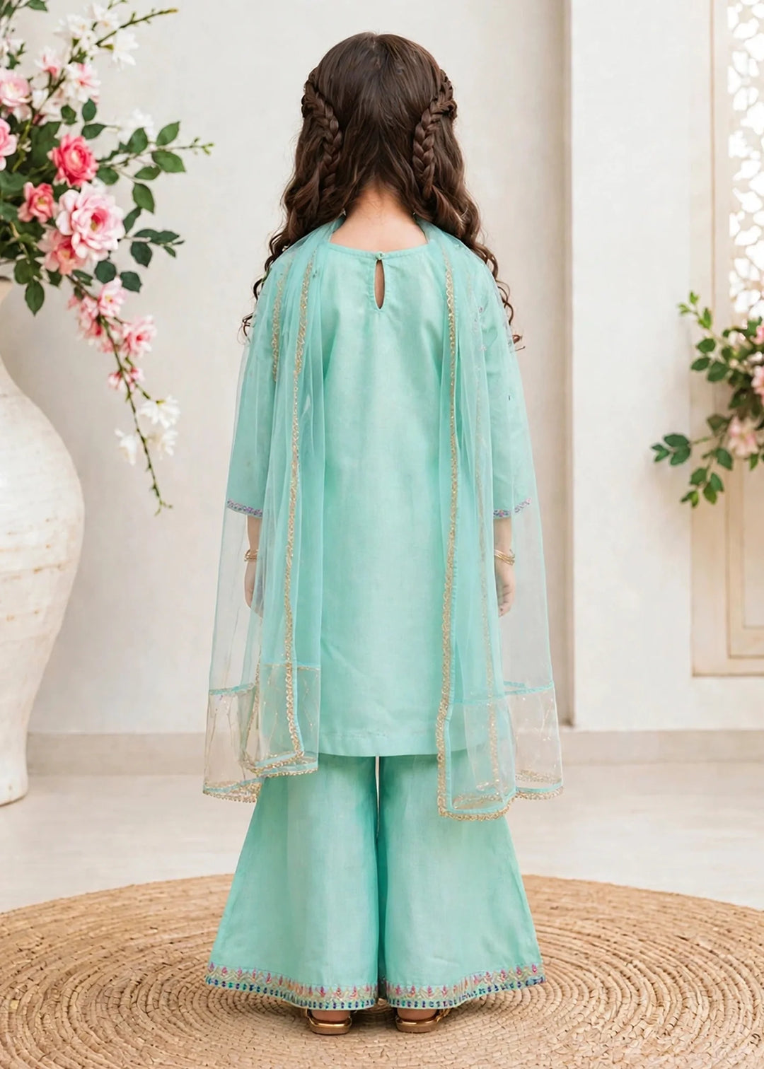 Modest Girls RTW Embroidered Lawn 3 Piece Suit Blue Gharara 11290-BLU Festive Collection