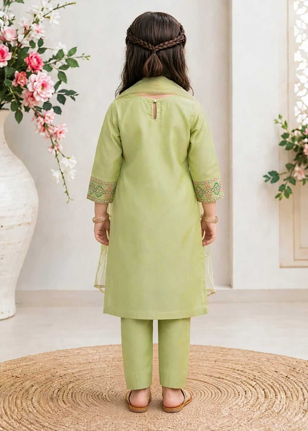 Modest Girls RTW Embroidered Lawn Cotton 3 Piece Suit Green 11180-GRN Festive Collection