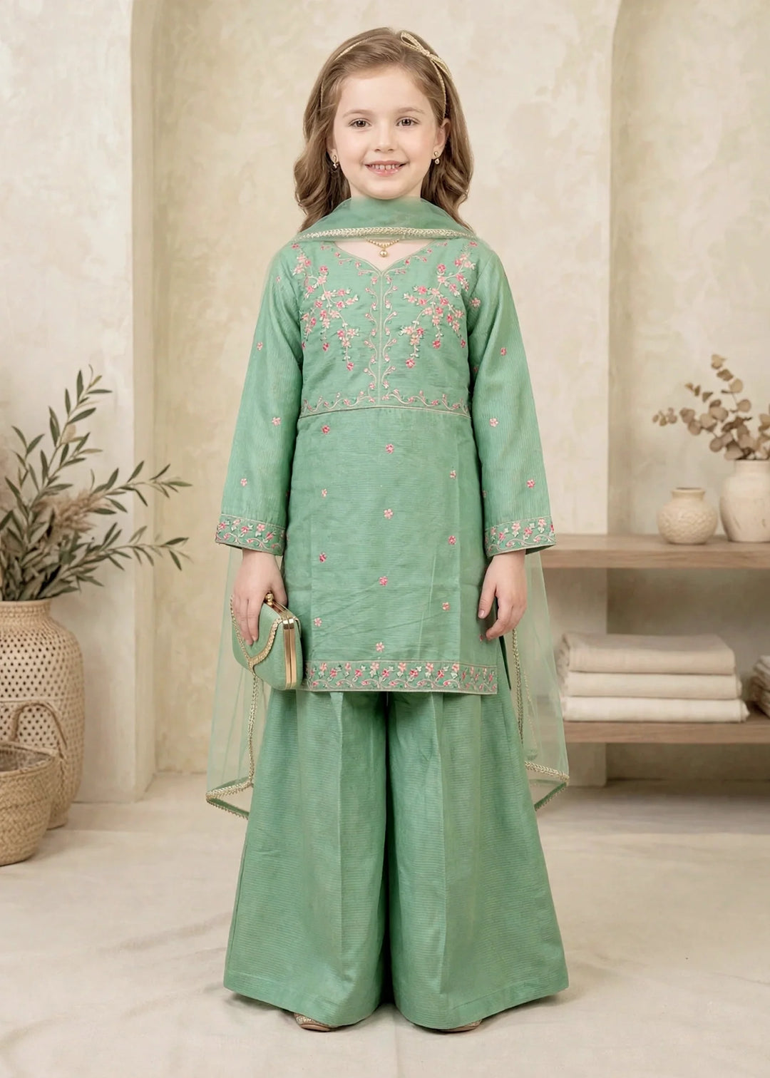 Modest Girls RTW Embroidered Lawn Cotton 3 Piece Suit Green Sharara 11190-GRN Festive Collection