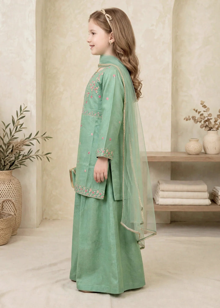 Modest Girls RTW Embroidered Lawn Cotton 3 Piece Suit Green Sharara 11190-GRN Festive Collection