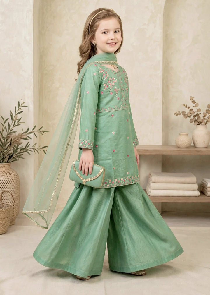Modest Girls RTW Embroidered Lawn Cotton 3 Piece Suit Green Sharara 11190-GRN Festive Collection