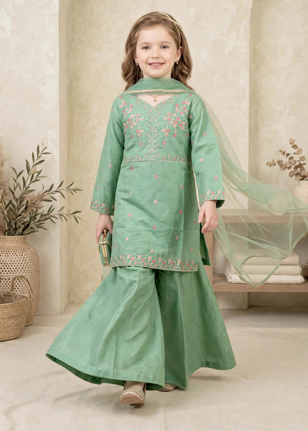 Modest Girls RTW Embroidered Lawn Cotton 3 Piece Suit Green Sharara 11190-GRN Festive Collection