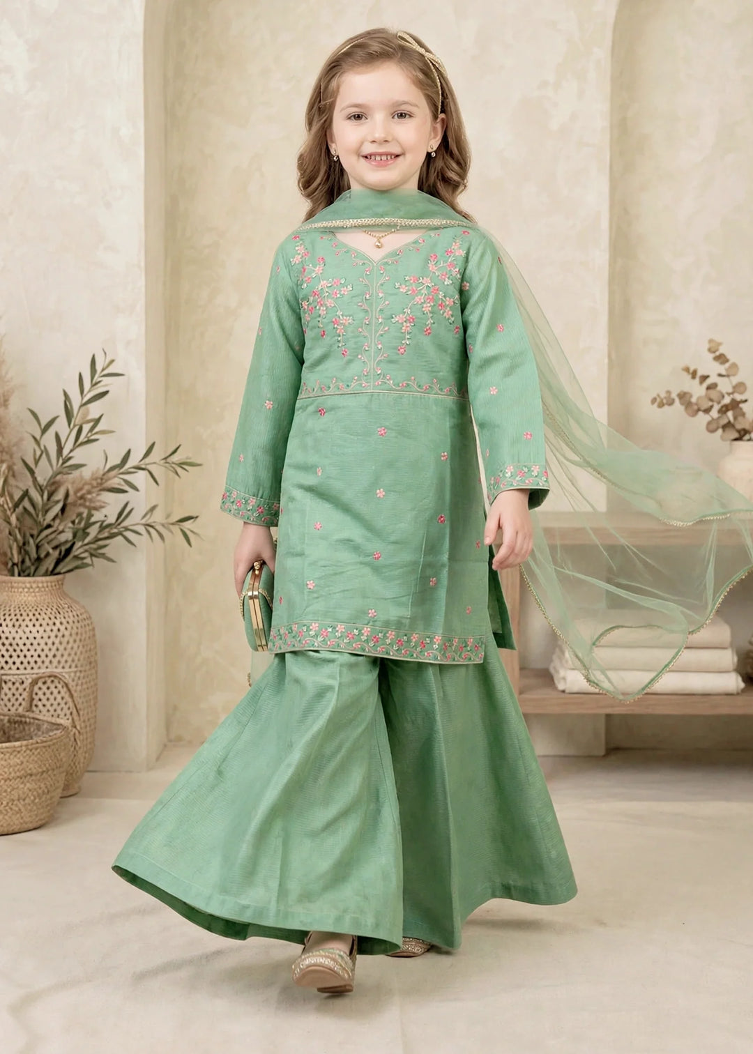 Modest Girls RTW Embroidered Lawn Cotton 3 Piece Suit Green Sharara 11190-GRN Festive Collection