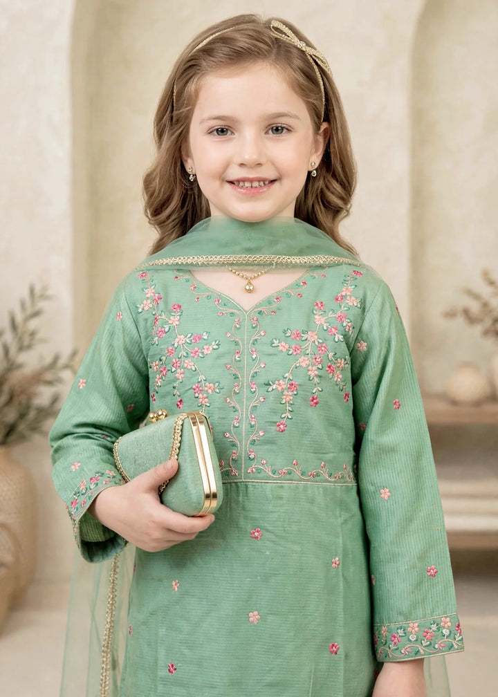 Modest Girls RTW Embroidered Lawn Cotton 3 Piece Suit Green Sharara 11190-GRN Festive Collection
