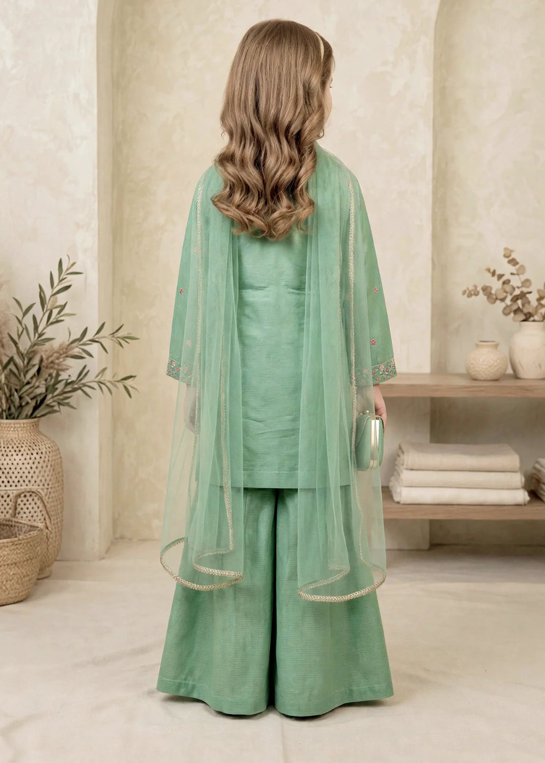 Modest Girls RTW Embroidered Lawn Cotton 3 Piece Suit Green Sharara 11190-GRN Festive Collection