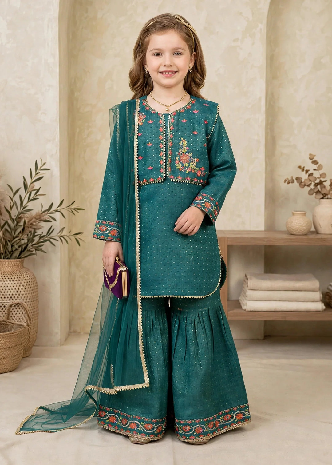 Modest Girls RTW Embroidered Lawn Cotton 4 Piece Suit Green Gharara 11150-GRN Festive Collection