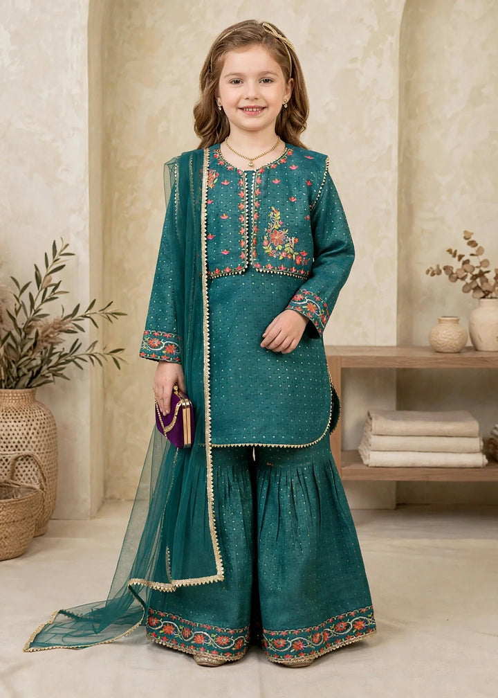 Modest Girls RTW Embroidered Lawn Cotton 4 Piece Suit Green Gharara 11150-GRN Festive Collection