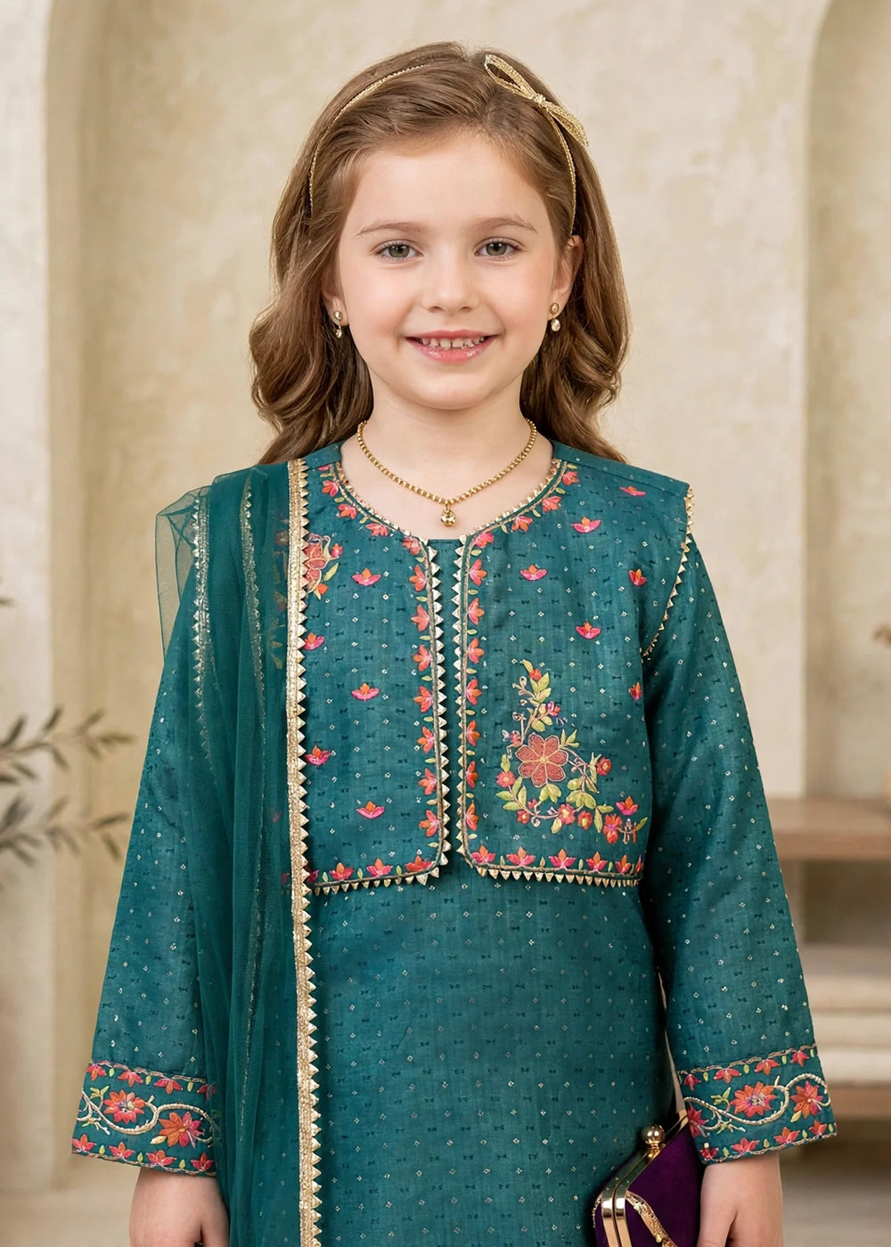 Modest Girls RTW Embroidered Lawn Cotton 4 Piece Suit Green Gharara 11150-GRN Festive Collection