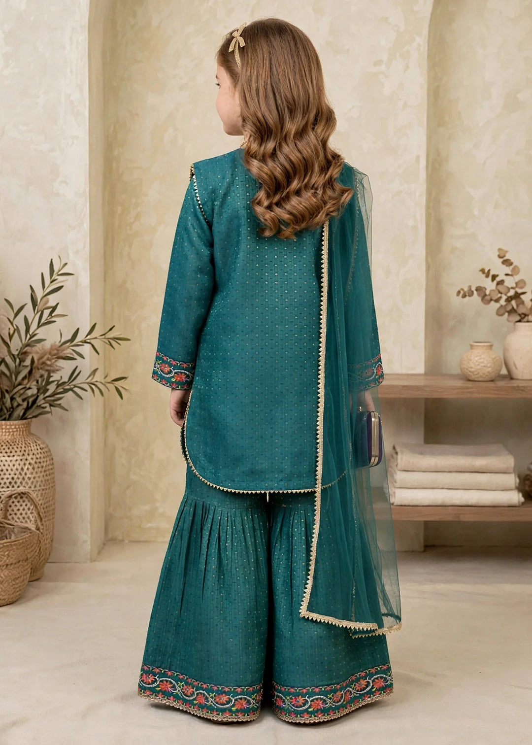 Modest Girls RTW Embroidered Lawn Cotton 4 Piece Suit Green Gharara 11150-GRN Festive Collection