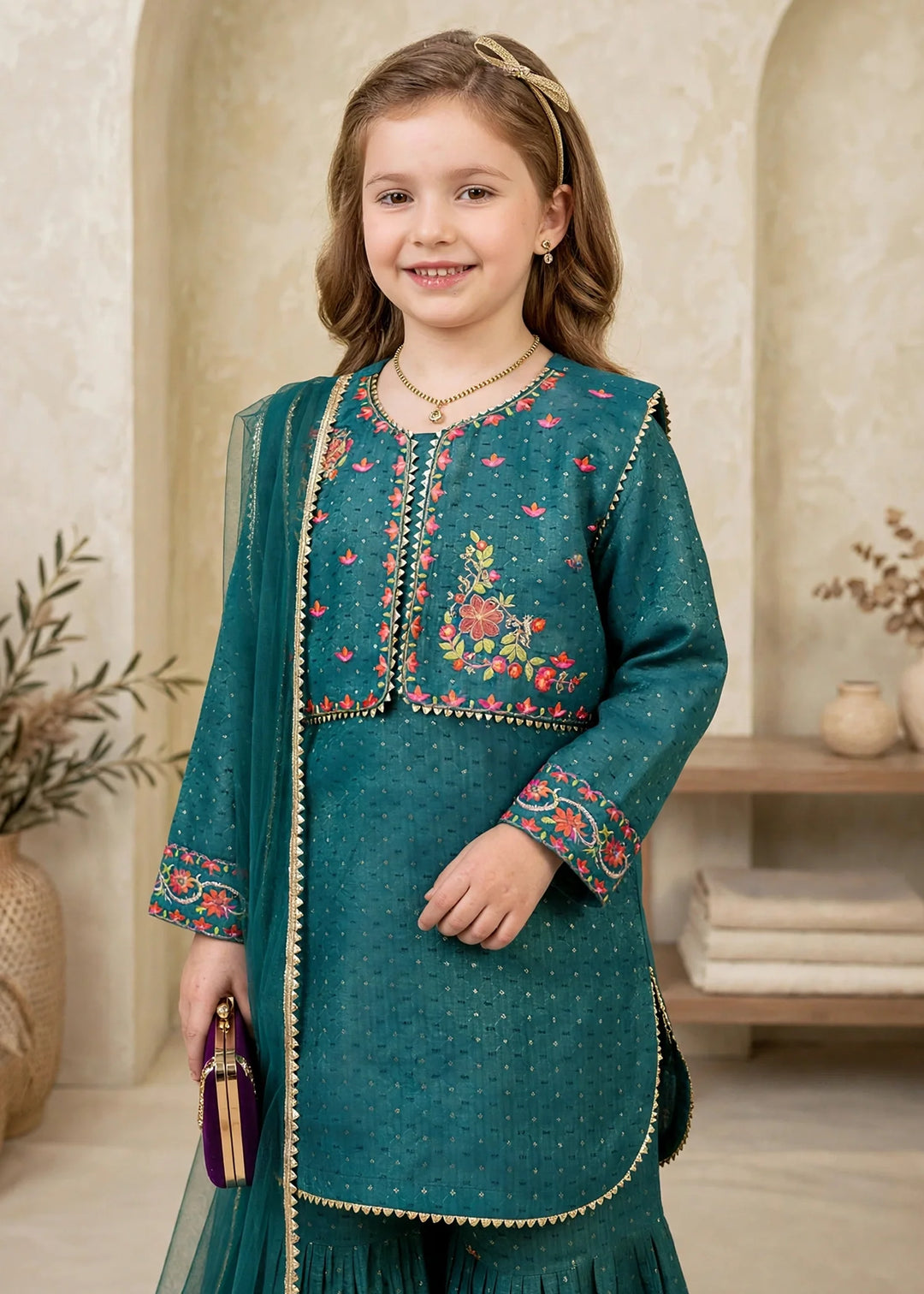Modest Girls RTW Embroidered Lawn Cotton 4 Piece Suit Green Gharara 11150-GRN Festive Collection