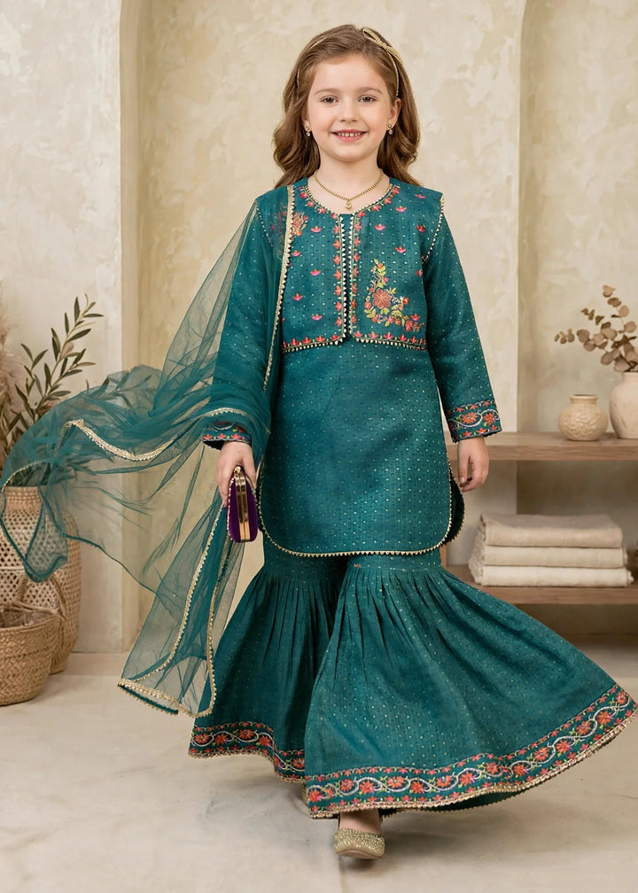 Modest Girls RTW Embroidered Lawn Cotton 4 Piece Suit Green Gharara 11150-GRN Festive Collection