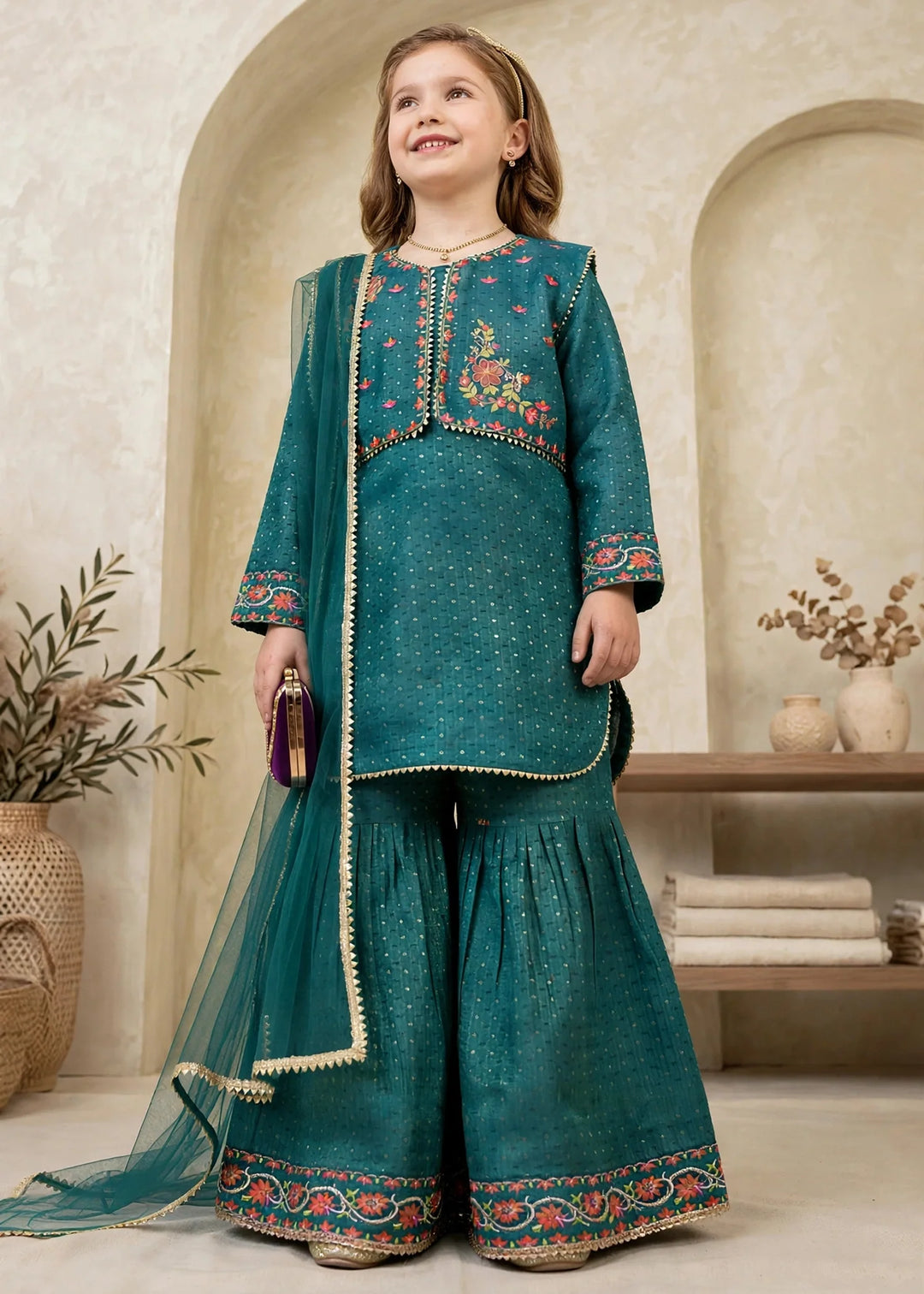 Modest Girls RTW Embroidered Lawn Cotton 4 Piece Suit Green Gharara 11150-GRN Festive Collection