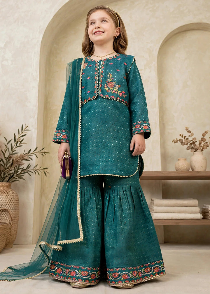 Modest Girls RTW Embroidered Lawn Cotton 4 Piece Suit Green Gharara 11150-GRN Festive Collection