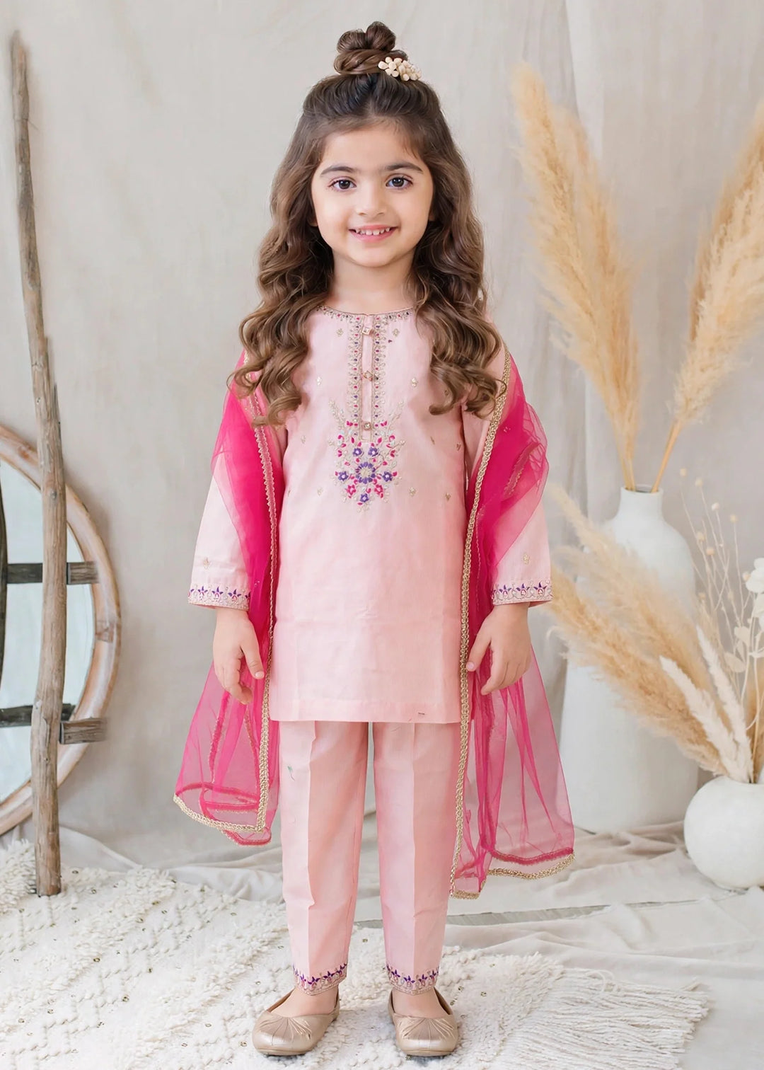 Modest Girls RTW Embroidered Lawn Cotton 3 Piece Suit Pink Gharara 11130-PNK Festive Collection