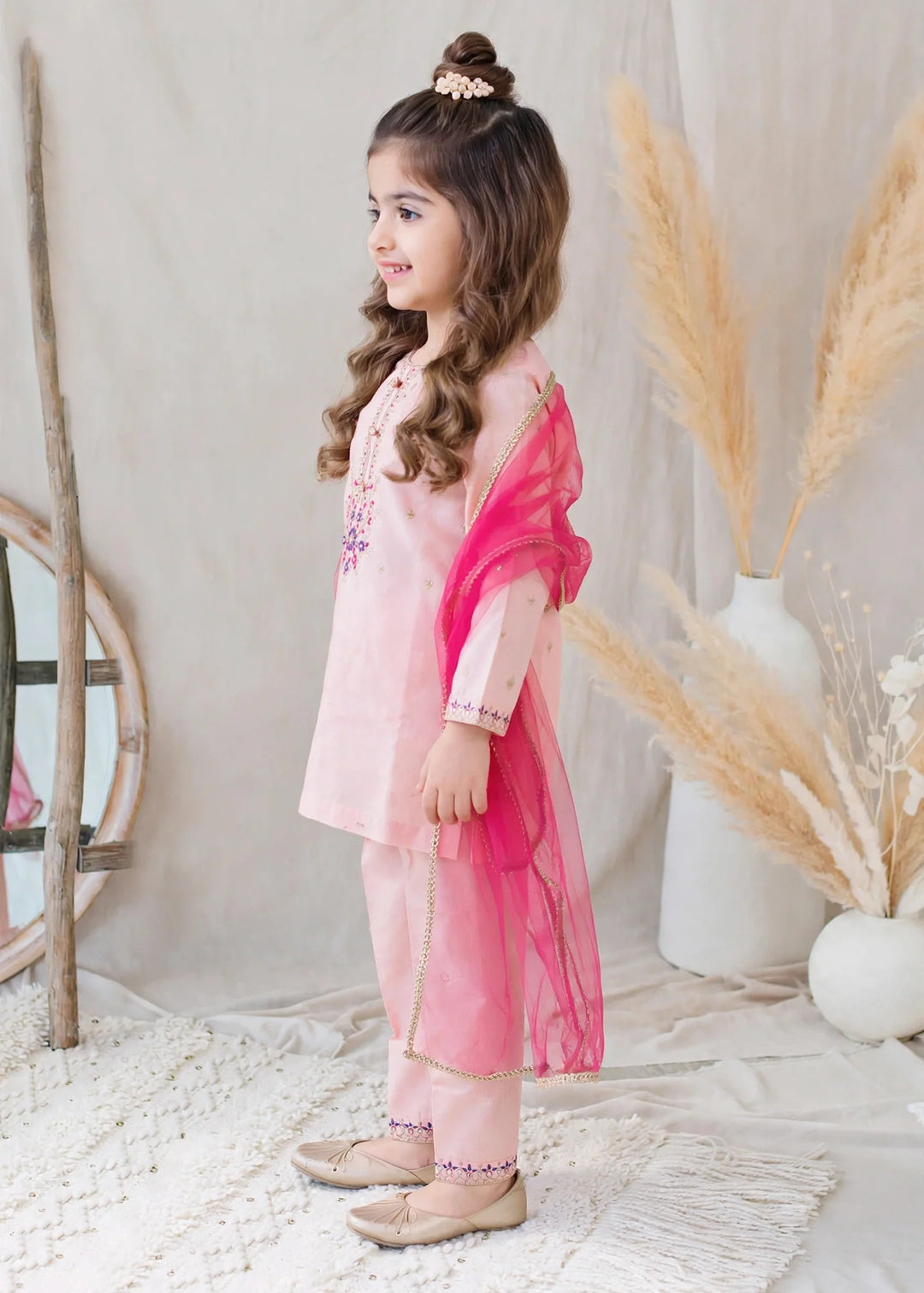 Modest Girls RTW Embroidered Lawn Cotton 3 Piece Suit Pink Gharara 11130-PNK Festive Collection