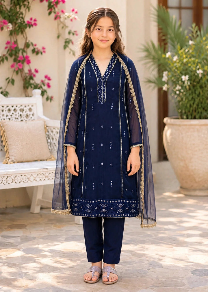 Modest Girls RTW Embroidered Crinkle 3 Piece Suit Blue 11115-BLU Festive Collection