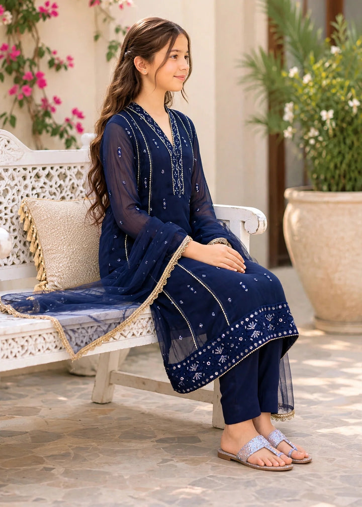 Modest Girls RTW Embroidered Crinkle 3 Piece Suit Blue 11115-BLU Festive Collection