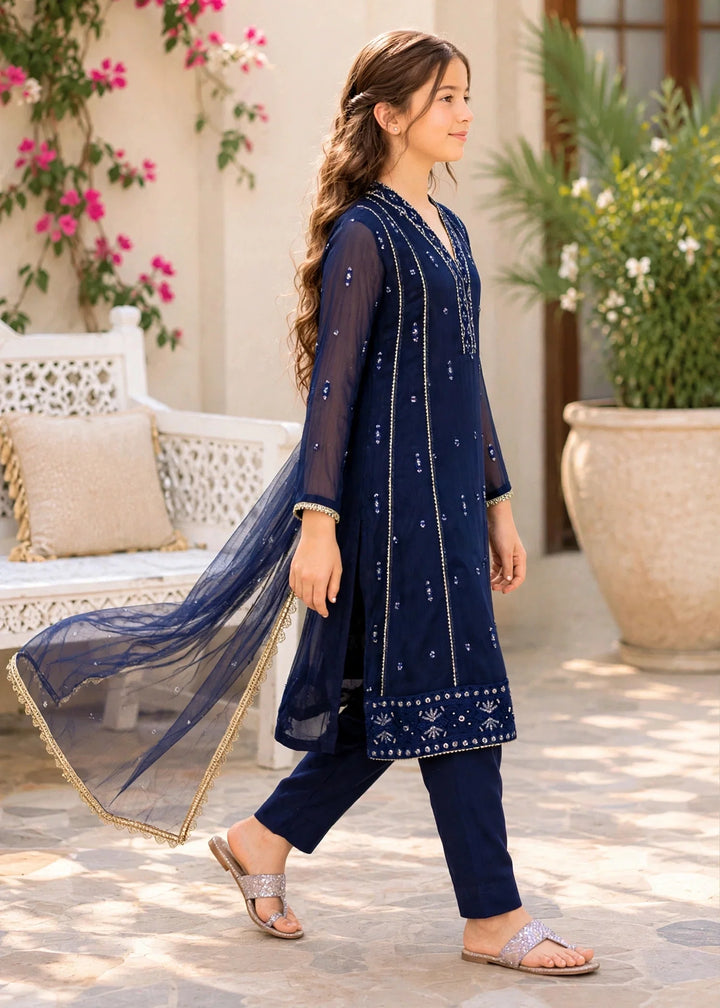 Modest Girls RTW Embroidered Crinkle 3 Piece Suit Blue 11115-BLU Festive Collection
