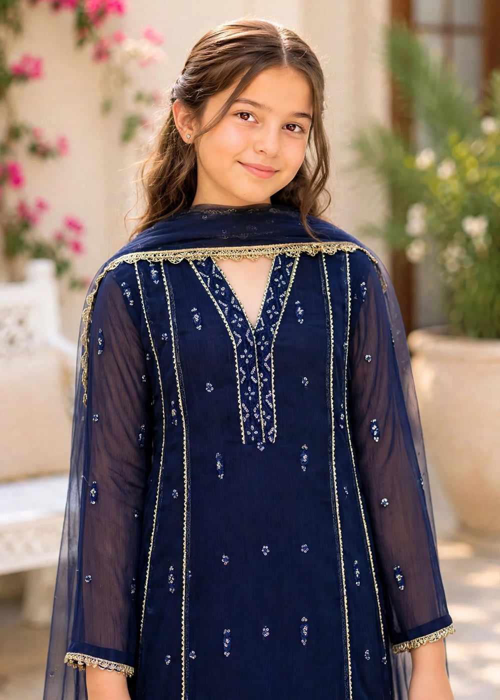 Modest Girls RTW Embroidered Crinkle 3 Piece Suit Blue 11115-BLU Festive Collection