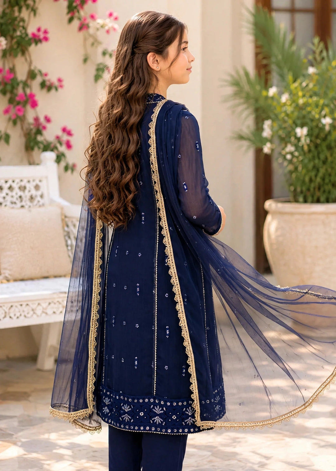 Modest Girls RTW Embroidered Crinkle 3 Piece Suit Blue 11115-BLU Festive Collection
